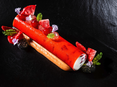 Jose's nod to Japanese strawberry milk features freeze-dried local strawberries and a strawberry tuille.