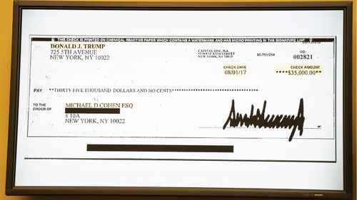An exhibit showing a cheque from Donald Trump to Michael Cohen for US$35,000.