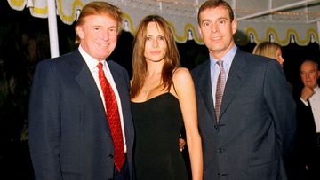 Donald Trump, his then-girlfriend Melania Knauss, and British Prince Andrew, Duke of York, at the Mar-a-Lago estate, Palm Beach, Florida, February 12, 2000. 