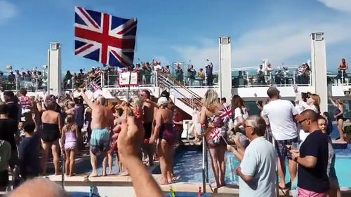 Richard Gaisford's Twitter account, purportedly showing passengers around a pool on the Britannia. Gaisford wrote: "Britannia left Bergen at 1430 on Thursday, the violence occurred 12 hours later after a black-tie evening. It followed an afternoon of 'patriotic' partying on deck, with large amounts of alcohol being consumed by many guests."