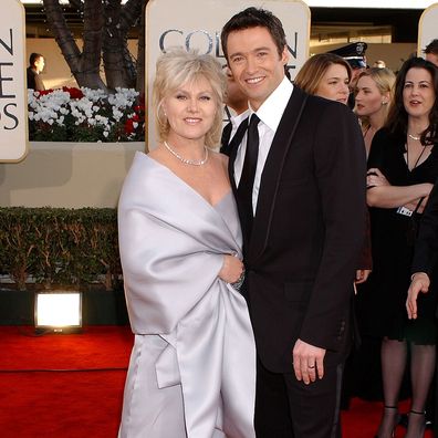 Hugh Jackman and wife Deborra arrive at the Golden Globe Awards at the Beverly Hilton January 20, 2002 in Beverly Hills, California. (Photo by Gregg DeGuire/WireImage)