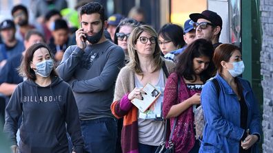 The queue seen outside a Melbourne Centrelink office in March.