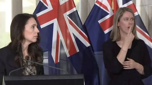 Jacinda Ardern looked around quickly when an earthquake hit her press conference on October 22, 2021.