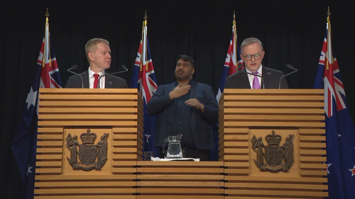 Chris Hipkins and Anthony Albanese speak to reporters in Wellington. 