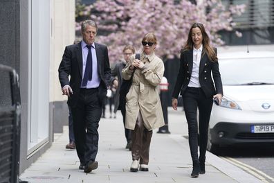 Hugh Grant arrives at the Rolls Buildings in central London for the conclusion of News Group Newspapers (NGN) phone hacking hearing Thursday April 27, 2023.  