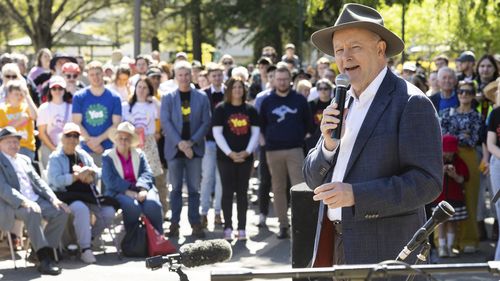 Prime Minister Anthony Albanese addresses a community event supporting the Yes23 campaign, in Queanbeyan, NSW.