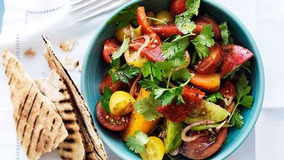 Recipe: <a href="http://kitchen.nine.com.au/2016/05/16/19/28/mixed-tomato-salad-with-sumac-herbs-and-flatbread" target="_top">Mixed tomato salad with sumac, herbs and flatbread</a>