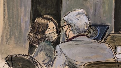This courtroom sketch shows Ghislaine Maxwell, left, conferring with her defense attorney Bobbi Sternheim before the start of her sex abuse trial. 
