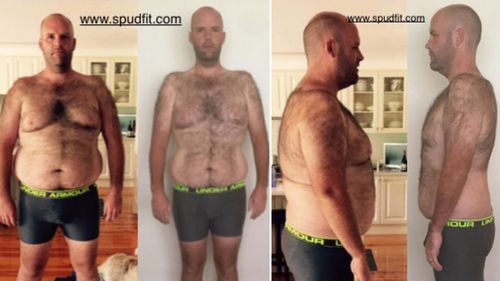 Melbourne man Andrew Flinder Taylor shows the drastic effects his diet has had on his body. (Facebook/Spud Fit)