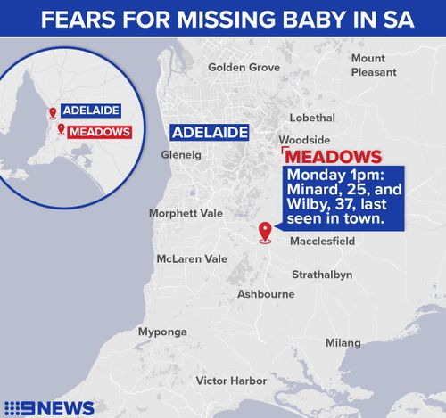 The couple are believed to have went missing from Meadows, south of Adelaide, and may be travelling in a red 2003 Ford Falcon sedan. Picture: 9NEWS.