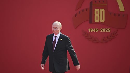Russian President Vladimir Putin arrives at the military parade in Beijing, China.