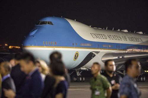 Mr Trump fired off a series of tweets about from Air Force One en route to Singapore for his nuclear summit Tuesday with North Korea's Kim Jong Un. Picture: AP