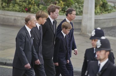 Prince William and Prince Harry at the funeral of Princess Diana in 1997