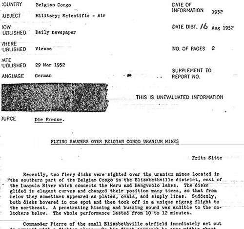 Partial copy of the CIA report documenting a 'UFA sighting' over uranium mines in Belgian Congo. Source: CIA