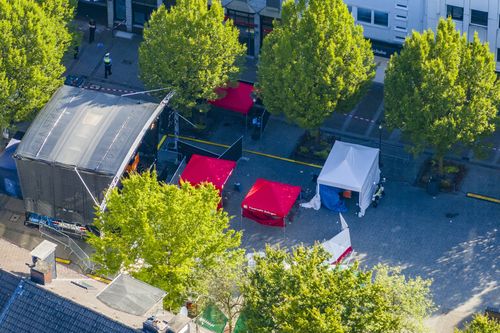 Emergency services tents stand in front of the stage in the city center of Solingen, Germany, Saturday, Aug. 24, 2024, after three people were killed and at least eight people were injured in a knife attack at the festival on Friday evening. 