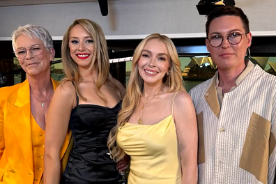 Lash members Jessica Bennett and Belinda Lee Reid with Jamie Lee Curtis and Lindsay Lohan