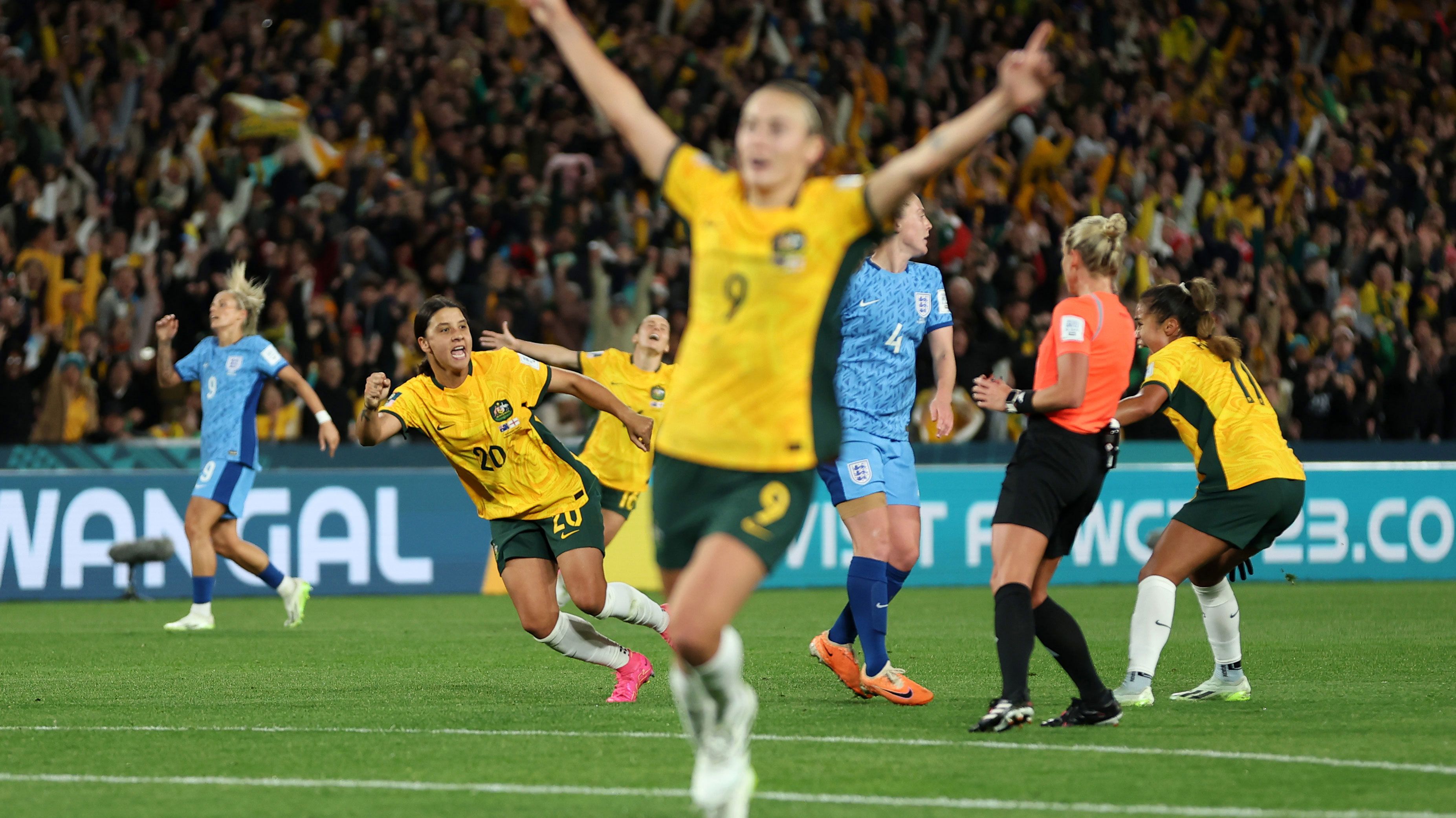 Sam Kerr celebrates after scoring an astonishing goal to level the score at 1-1 in the Matildas&#x27; World Cup semi final clash with England.