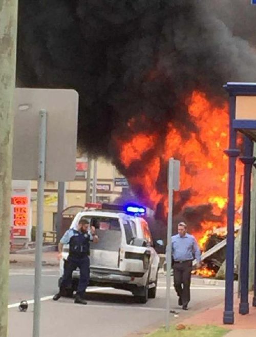 The stolen truck collided with several cars before smashing into buildings and a pub. (Image: KOFM Newcastle‏)