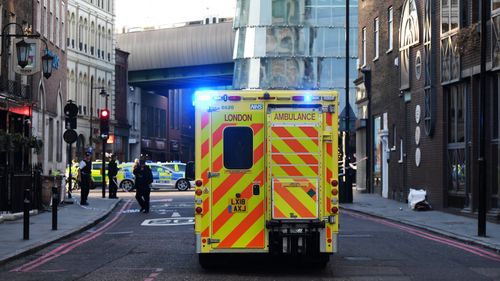 An ambulance makes its way to the scene near Borough Market after reports of shots being fired on London Bridge on November 29, 2019 