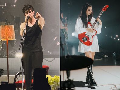 The 1975's frontman Matty Healy performing in Sydney (left) and Wallice performing the same evening (right).