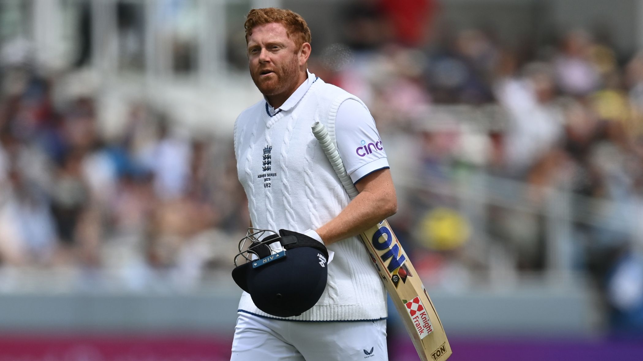 Jonny Bairstow of England leaves the field after being run out by Alex Carey of Australia during Day.