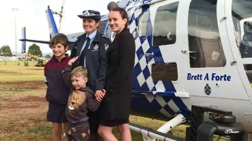 Susan Forte and children Brodie, Samuel and Emma with the chopper. Picture: 9NEWS