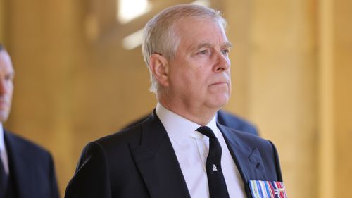 Peter Phillips and Prince Andrew, Duke of York during the funeral of Prince Philip, Duke of Edinburgh at Windsor Castle on April 17, 2021 in Windsor, England