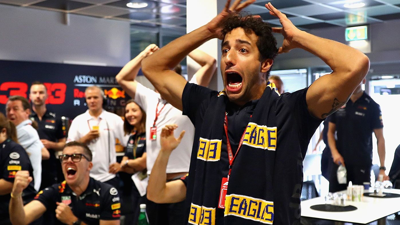 Daniel Ricciardo celebrates the Eagles winning the AFL grand final