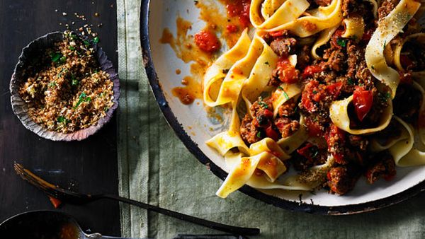 Sausage and cherry tomato ragu with pappardelle and toasted breadcrumbs