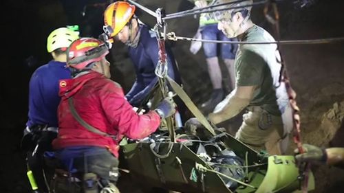 The Thai Navy SEALS today released the first vision from within the rescue operation, where the boys can be seen being moved from the cave. Picture: Supplied.