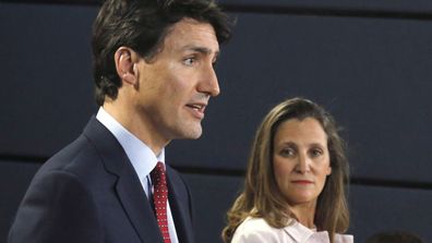 Canadian Prime Minister Justin Trudeau, left, speaks as Canadian Foreign Affairs Minister Chrystia Freeland listens during a news conference in Ottawa, Ontario on Thursday, May 31, 2018