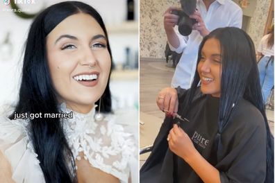 Bride Vora Quinn cuts hair on wedding day as a surprise to her groom