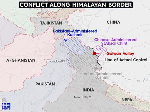 Map showing the area where tensions are running high between China and India.