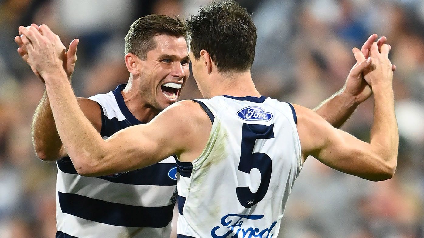 Tom Hawkins bag lifts Geelong to victory but 'disgraceful' umpire drama mars win