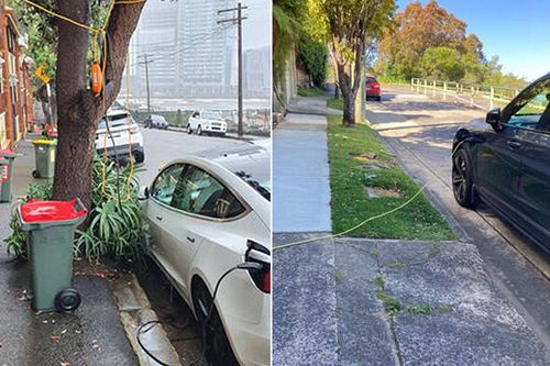 Cars in Sydney charged with power cords draped from homes to the street.