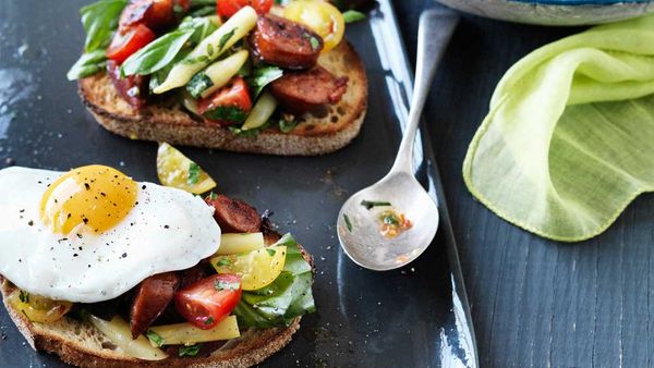 Hayden Quinn's tomato breakfast salad with chorizo, herbs, eggs and toast