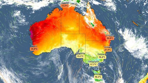 Temperature extremes across Australia today.