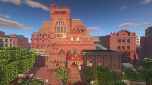Des universités du monde entier ont utilisé les serveurs Minecraft de Shockbyte pour recréer des versions numériques de leur campus pendant la pandémie.  Cette capture d'écran montre la bibliothèque de l'Université de Pennsylvanie.