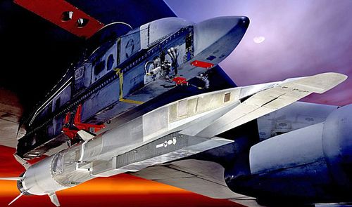 A graphic of the the prototype hypersonic weapon X-51A Waverider, shown here under the wing of a B-52 bomber. Similar technology will be  used to build the new hypersonic missile ordered by the Pentagon. (Image: US Air Force).