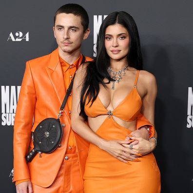 BEVERLY HILLS, CALIFORNIA - DECEMBER 08: (L-R) Timothée Chalamet and Kylie Jenner attend the Los Angeles premiere of A24's "Marty Supreme" at Samuel Goldwyn Theater on December 08, 2025 in Beverly Hills, California. (Photo by Monica Schipper/Getty Images)