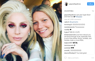 From one end of the spectrum to the other. The exquisite Lady GaGa rocking a killer sparkly makeup look alongside dear friend Gwyneth Paltrow - who is clear-skinned and lovely. Is one more beautiful than the other? Absolutely not. They're both divine - with or without.
