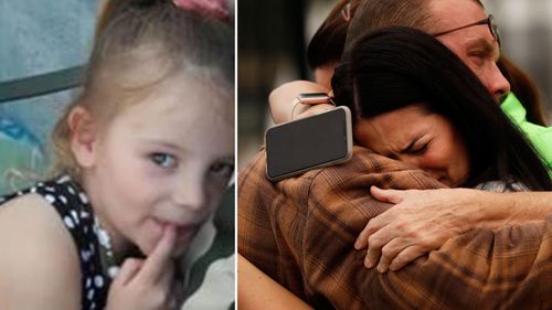 Friends of the Bledsoe family (right) embrace outside of the sheriff's office in Redding, California, after hearing news of the death of Melody Bledsoe and her great-grandchildren James Roberts, 5, and Emily Roberts, 4, (left). (Supplied?AP)