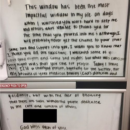 Coronavirus patient writes heartfelt message to his caregivers on the glass door of his isolation room.