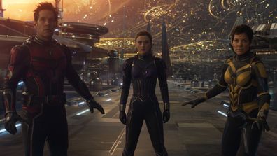 Paul Rudd as Scott Lang/Ant-Man, Evangeline Lilly as Hope van Dyne/Wasp, and Kathryn Newton as Cassie Lang in Ant-Man and the Wasp: Quantumania.