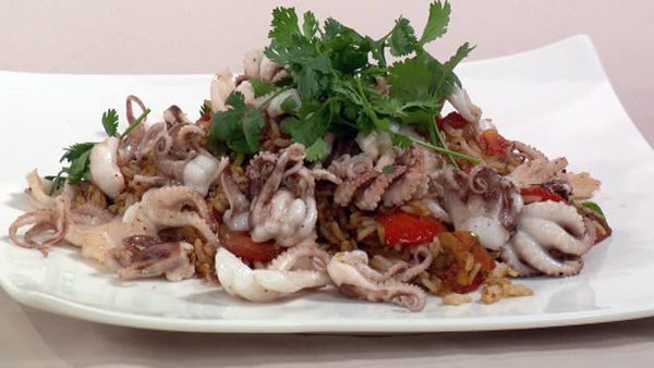Bbq marinated octopus with tomato rice