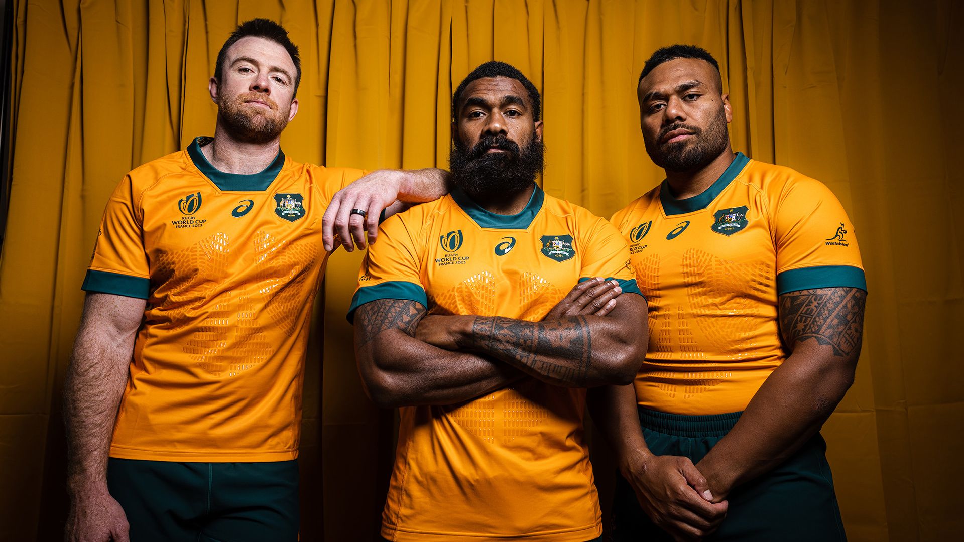 Wallabies players sporting the new jersey they&#x27;ll campaign at the Rugby World Cup.