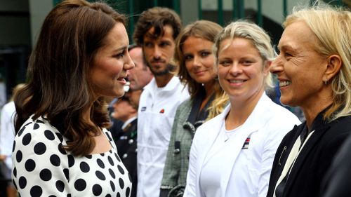 The princess speaks with ex tennis players Kim Clijsters and Martina Navratilova. (AAP)