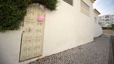 A pink balloon outside apartment 5A on Rua Dr Agostinho da Silva in Praia Da Luz, Portugal, where Madeline McCann went missing.