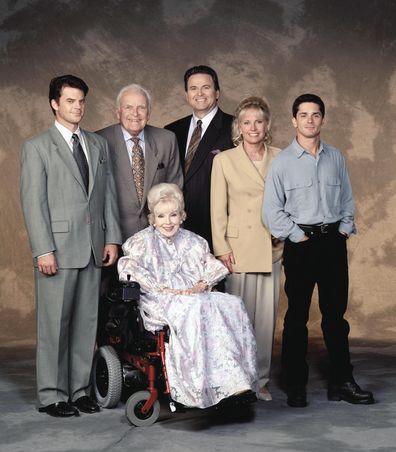 Wally Kurth (Ned), John Ingle (Edward), Anna Lee (Lila), Stuart Damon (Alan), Leslie Charleson (Monica) and Billy Warlock (A.J.) star on Walt Disney Television via Getty Images Daytime's "General Hospital". 