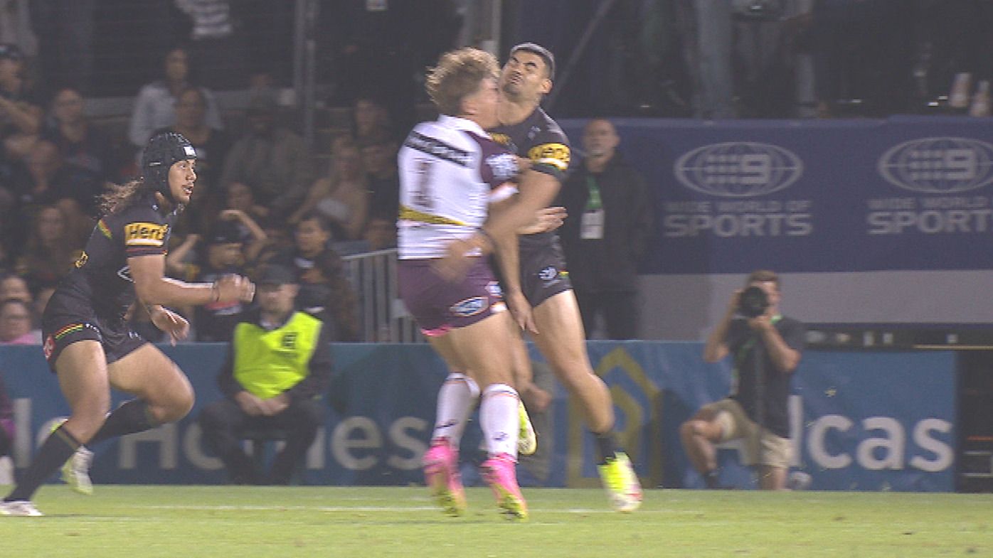 Reece Walsh and Taylan May clash heads in the round three clash between the Broncos and Panthers.